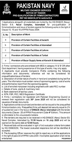 Pakistan Military Engineering Services Tender Notice
